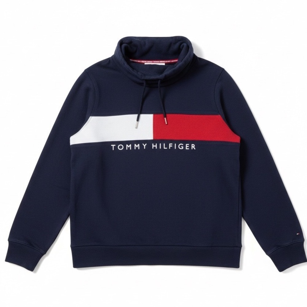 Tommy Hilfiger Blue Cowl Neck Sweatshirt Sz M 90s Logo‎ Pullover Vtg Y2K Casual